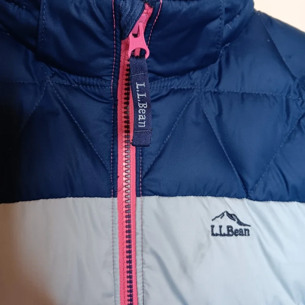 L.L. Bean Down Jacket Girls M 10-12 Pink Blue Colorblock Puffer Hooded Outdoor